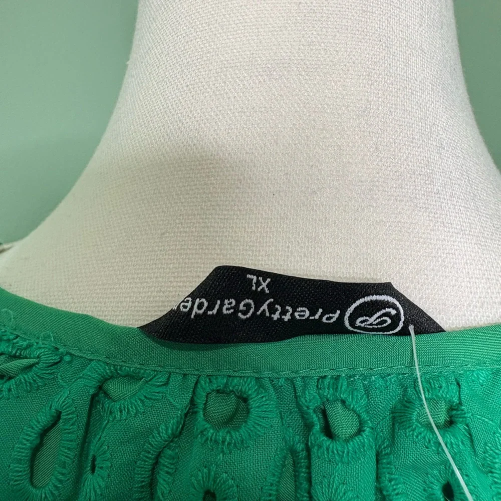 Green Long Sleeve Eyelet Dress - Women's Casual Tiered Dress - Picture 5 of 8